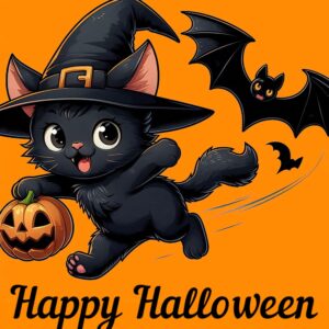Halloween card. A black cat runs away from bats.