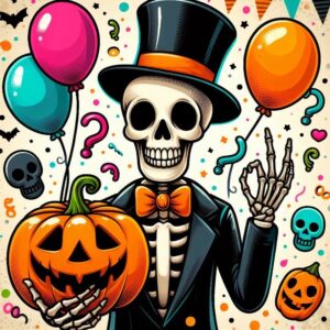 A greeting card for Halloween with a skeleton holding a pumpkin in his hand. Download free.