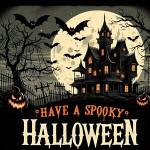 Halloween greeting card with bats and a scary castle, on a full moon. Free download.