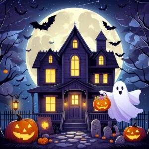 Halloween card with a scary castle, ghost, bats, pumpkin and full moon. Download free.