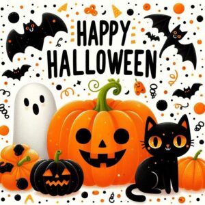 Happy Halloween card with pumpkins and black cat. Free download.