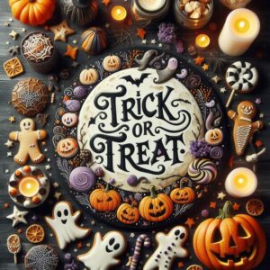Trick or treat. Halloween greeting card. Free download.