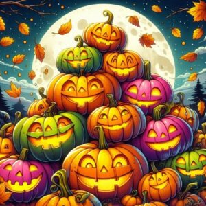 Halloween card with a mountain of colorful jack-o'-lanterns. Free download.