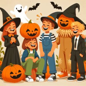 Halloween card. Children celebrate Halloween. Free download.