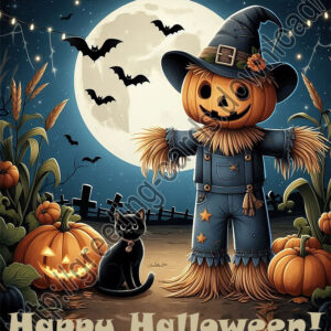 Happy Halloween card with Halloween scarecrow.
