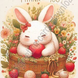 Thank you! Digital card with rabbit, heart, strawberry and flowers.