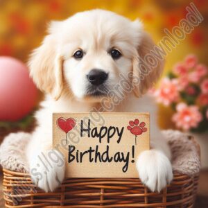 Happy birthday greeting card with golden retriever puppy.