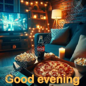 Good evening digital card. Evening at home watching a movie, eating pizza and popcorn.