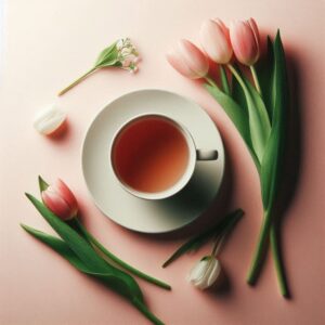 Have a great day card with a cup of tea and pink tulips.