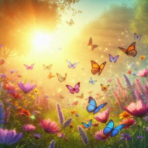 Have a good day digital card. Sunny day, flowers, butterflies.