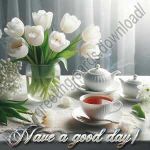 Have a good day digital card with flowers, white tulips.