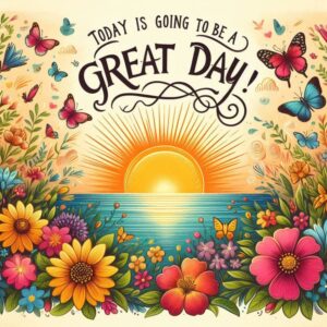 Today is going to be a great day! Digital card with sea, sun, flowers and butterflies.