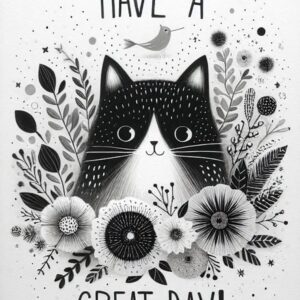 Have a great day black and white digital card with a cat in flowers.