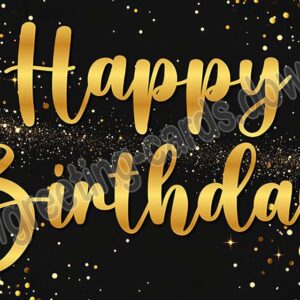 Black birthday greeting card with gold lettering.