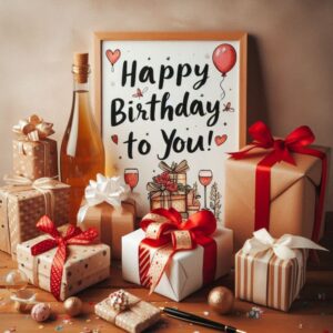 Happy birthday greeting card with gifts and a bottle of alcohol.