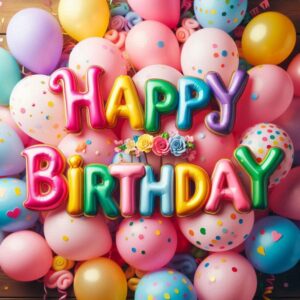 Happy birthday greeting card with lots of colorful balloons.