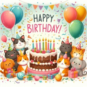 Happy birthday greeting card with cake, balloons and animals.