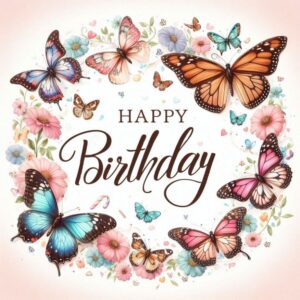 Happy birthday greeting card with flowers and butterflies.