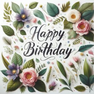 Happy birthday greeting card with leaves, flowers and herbs.