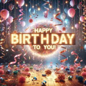 Happy birthday greeting card with confetti, streamers and balloons.
