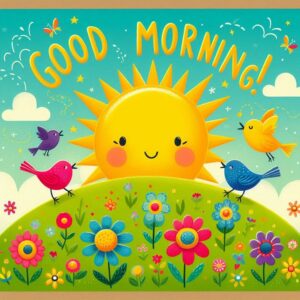 Good morning digital card with sun, birds and flowers.