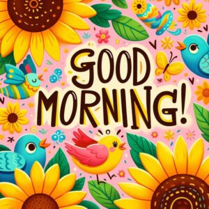 Good morning digital card with sunflowers and birds.