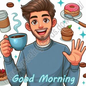 Good morning digital card with guy drinking coffee.
