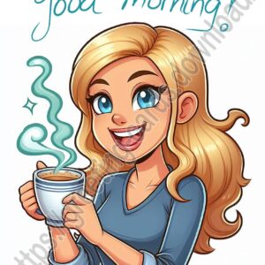 Good morning digital card with girl drinking coffee.