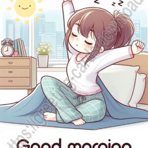 Good morning digital card with a girl who just woke up and stretched.