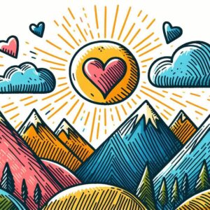 Good morning digital card with mountains, sun and heart.