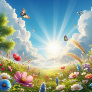 Good morning digital card with butterflies, flowers, sunny day.