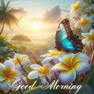 Good morning digital card with plumeria flowers and blue butterfly.