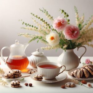 Good morning digital card with tea, cookies and flowers.