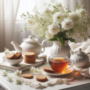 Good morning digital card with tea and white flowers.