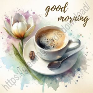 Good morning digital card with cup of coffee and flower painted in watercolor.