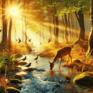 Good morning digital card with a fawn in the morning in the forest, by the stream.