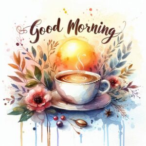 Good morning digital card with coffee, flowers and sun painted in watercolor.