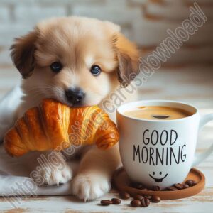 Good morning digital card with puppy, coffee and croissant.