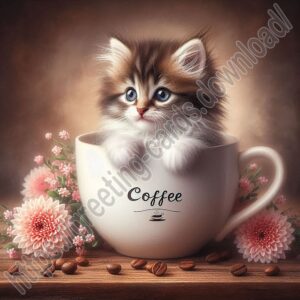 Good morning digital card with a kitten sitting in a coffee cup.