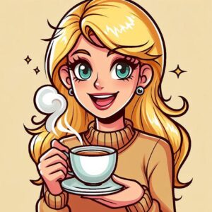 Good morning beige digital card with girl and coffee.