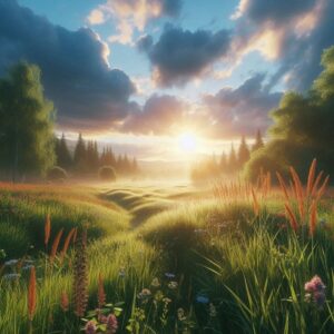 Good morning digital card with sunrise in a forest clearing.