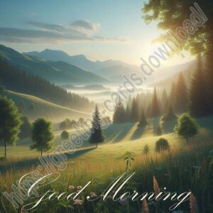 Good morning digital card with sunrise, morning in the mountains.