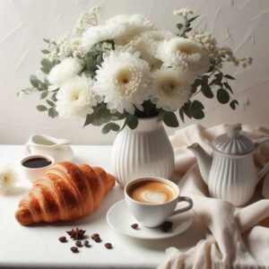 Good morning digital card with coffee and a bouquet of white flowers in a vase.