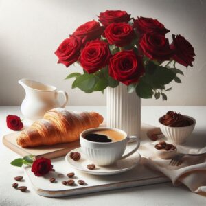 Good morning digital card with coffee and a bouquet of red roses in a vase.