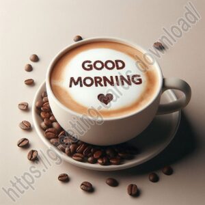 Good morning digital card with cup of coffee and coffee beans on saucer.