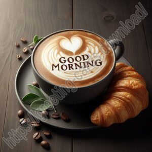Good morning digital card with cup of coffee, croissant, coffee beans on saucer, on dark wood table.