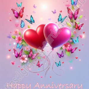 Happy anniversary digital greeting card with two heart shaped balloons, flowers and butterflies.