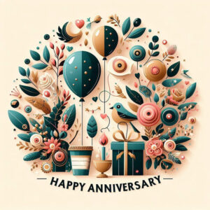 Happy anniversary beige digital card with balloons and flowers.