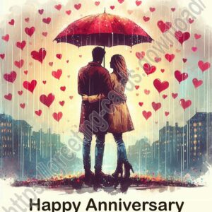 Happy anniversary digital card with couple in love under umbrella, rain of hearts, in watercolor style.