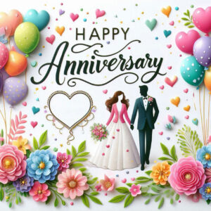 Happy anniversary digital card with balloons, flowers and hearts.